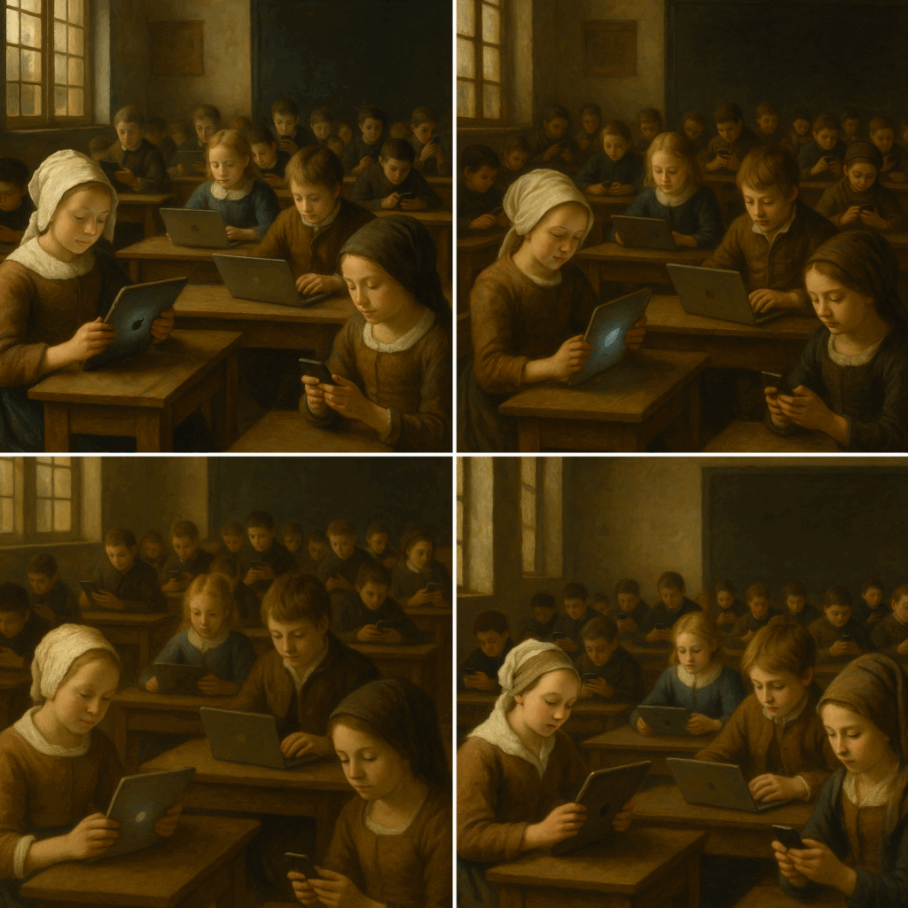 Een gegenereerde afbeelding op basis van deze opdracht: “a classroom full of children using ipads, laptops and phones in the style of Vermeer”. Elke afbeelding is anders, ook al was de opdracht hetzelfde.