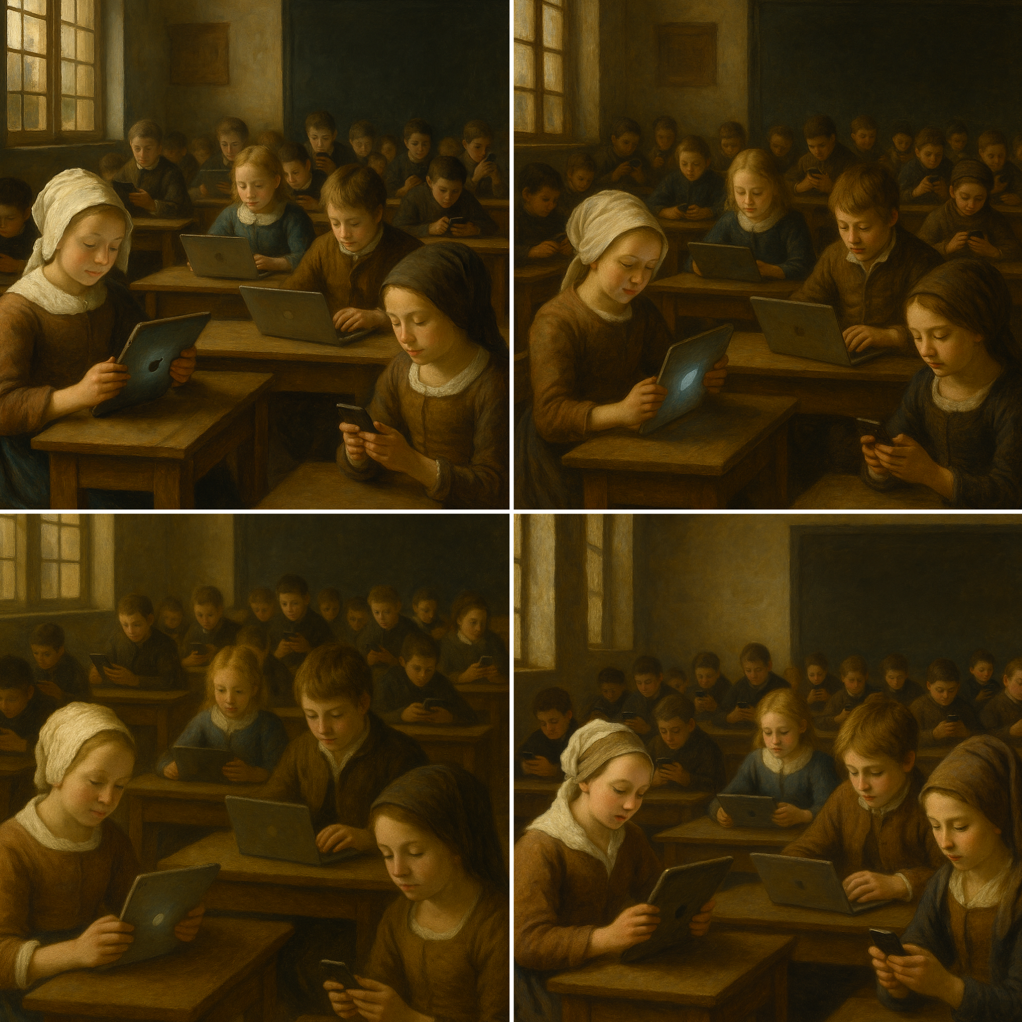 Een gegenereerde afbeelding op basis van deze opdracht: “a classroom full of children using ipads, laptops and phones in the style of Vermeer”. Elke afbeelding is anders, ook al was de opdracht hetzelfde.