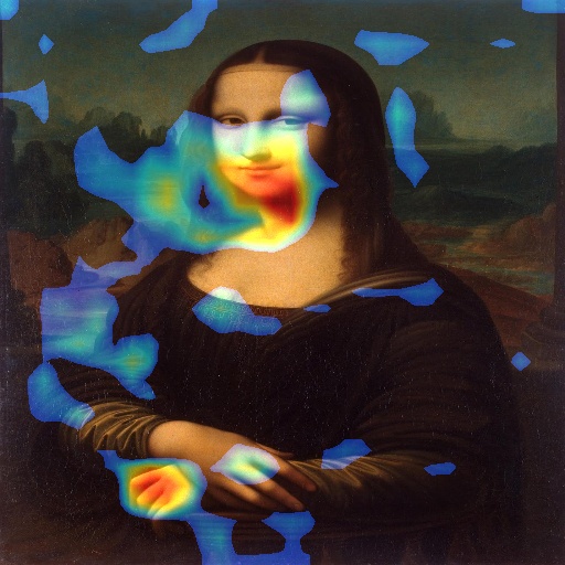 Over het schilderij van Mona Lisa is een heatmap geplaatst die laat zien welke regio’s als belangrijk worden gezien door de AI