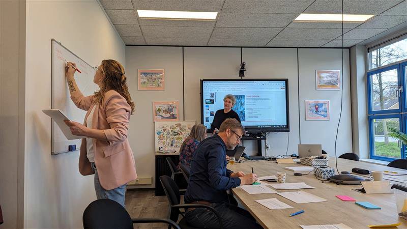 Kantoorruimte waarin een vrouw op whiteboard schrijft. Andere personen bestuderen documenten aan tafel.