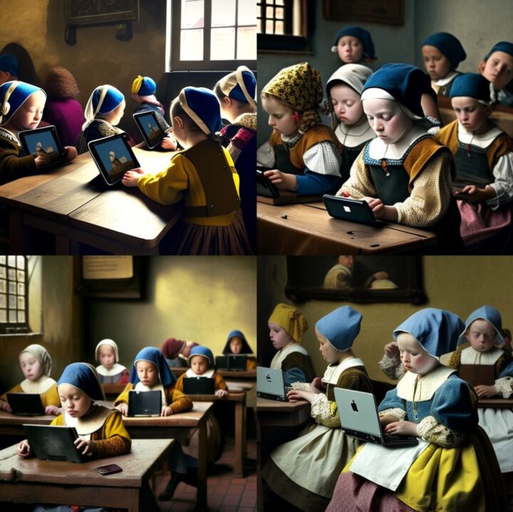 Een door AI gegenereerde afbeelding van kinderen in een klaslokaal met laptops in de stijl van Vermeer